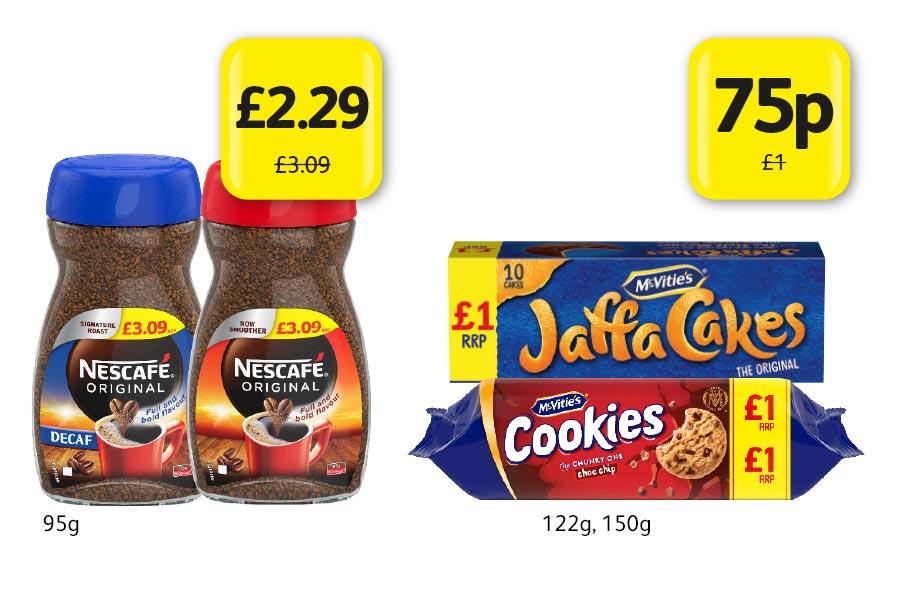 Nescafe Original/Decaf 95g, was £3.09, Now only £2.29. McVities Jaffa Cakes/Cookies, 122g/150g, was £1, Now only 75p at Londis 