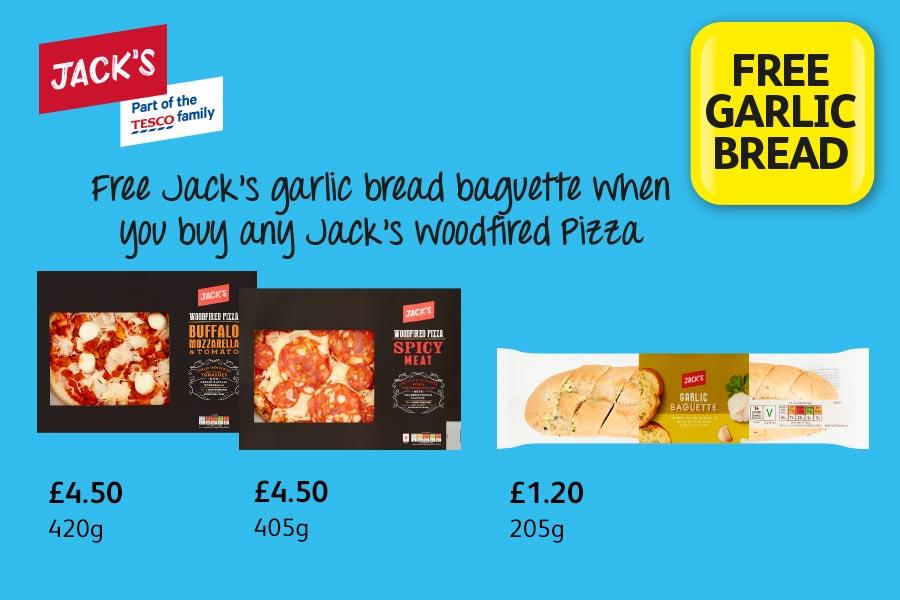 Free Jack’s garlic bread baguette when you buy any Jack’s woodfired Pizza at Londis