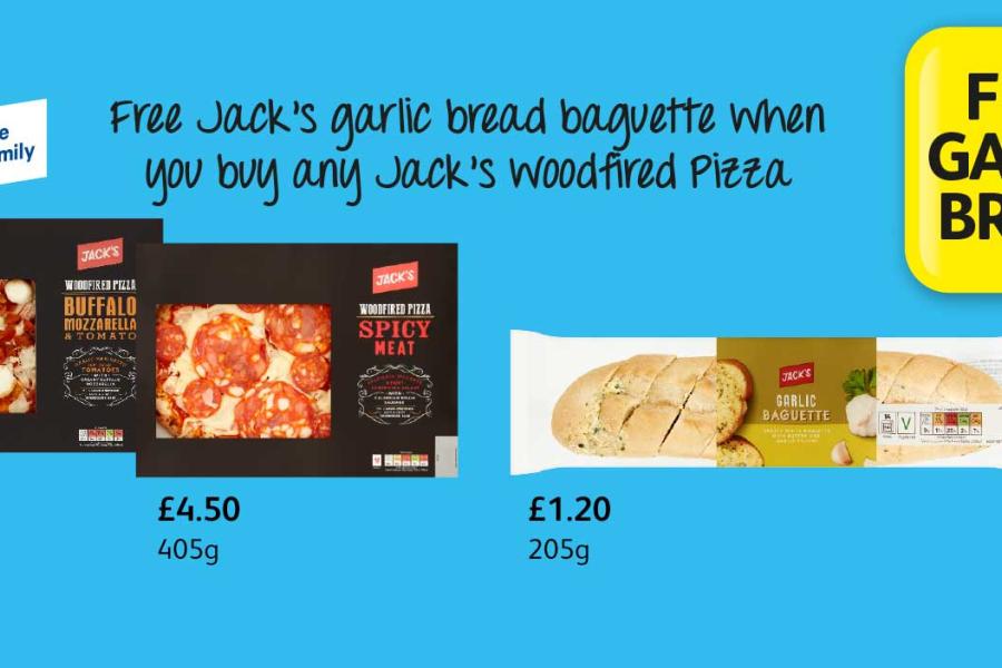 Free Jack’s garlic bread baguette when you buy any Jack’s woodfired Pizza at Londis