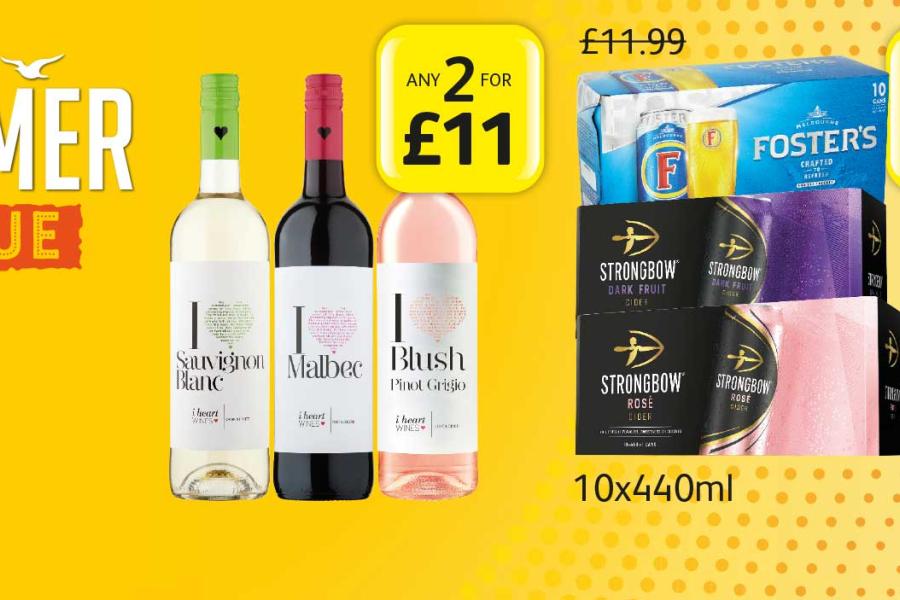 Summer Value: I heart Wine - Any 2 for £11. Fosters, Strongbow dark Fruit/Rose - Only £10 at Londis