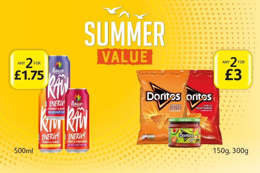 Summer Value: Rubicon Raw - Any 2 for £1.75. Doritos, Doritos dip - Any 2 for £3 at Londis