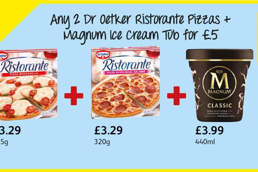 Any 2 Dr Oetker Ristorante Pizzas + Magnum Ice Cream Tub for £5 at Londis