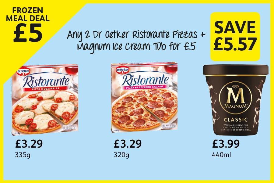 Any 2 Dr Oetker Ristorante Pizzas + Magnum Ice Cream Tub for £5 at Londis