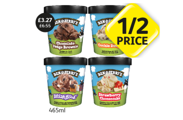 Ben & Jerry's Chocolate Fudge Brownie, Cookie Dough, Phish Food, Strawberry Cheesecake - Now Only Half Price  at Londis