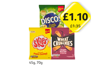 Discos Cheese & Onion, Skips Prawn Cocktail, Wheat Crunchies Crispy Bacon - Now Only £1.10 at Londis