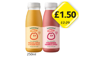 Innocent Mangoes Apples & Passion Fruits, Strawberries Bananas & Apples - Now Only £1.50 at Londis