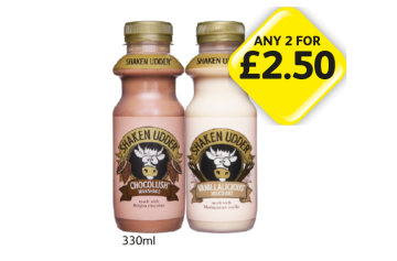 Shaken Udder Milkshake Chocolush, Vanillalicious - Any 2 for £2.50 at Londis