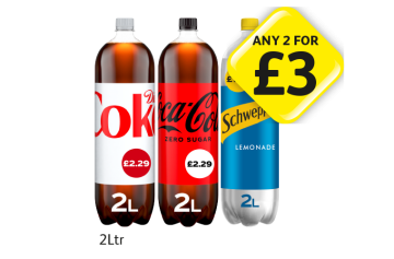 Diet Coke, Coca Cola, Schweppes Lemonade - Any 2 for £3 at Londis