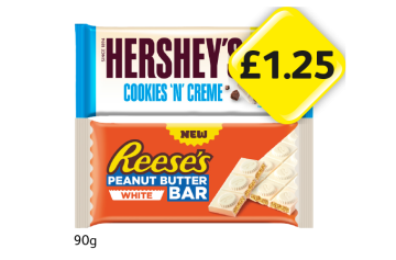 Hershey's Cookies 'N' Creme, Reese's Peanut Butter White Bar - Now Only £1.25 at Londis