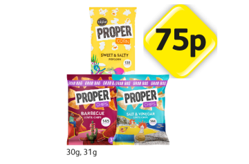 Popcorn Sweet & Salty, Proper Chips Barbecue Lentil Chips, Salt & Vinegar - Now Only 75p at Londis