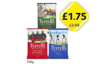 Tyrrell's Sea Salt & Vinegar, Sweet Chilli & Red Pepper, Sea Salted - Now Only £1.75 at Londis