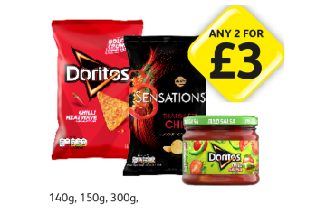 Dorito Chilli Heatwave, Mild Salsa, Sensations Thai Sweet Chilli - Any 2 for £3 at Londis