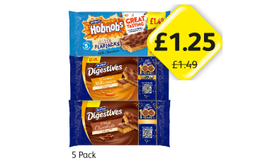 McVities Hobnobs Oaty Flapjacks, Digestives Caramel Millionaire, Milk Chocolate - Now Only £1.25 at Londis