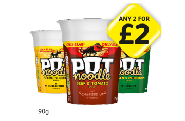 Pot Noodle Original, Beef & Tomato, Chicken & Mushroom - Any 2 for £2 at Londis
