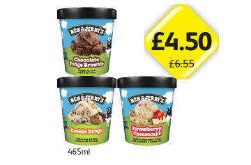 Ben & Jerry's Chocolate Fudge Brownie, Cookie Dough, Strawberry Cheesecake - Now Only £4.50 at Londis