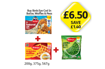 BirdsEye Battered Cod Fillets, Potato Waffles, Garden Peas - Now Only £6.50 at Londis