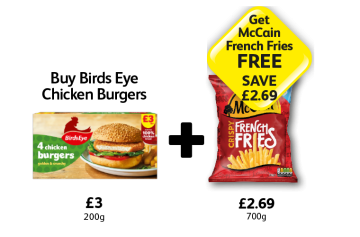 BirdsEye Chicken Burgers, McCain Crispy French Fries - Get McCain French Fries FREE - Save £2.69 at Londis