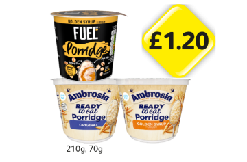 Fuel Porridge, Ambrosia Porridge Original, Golden Syrup - Now Only £1.20 at Londis