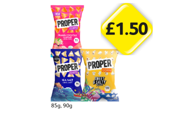 Proper Chips Prawn Cocktail, Sea Salt, Corn Sweet & Salty - Now Only £1.50 at Londis