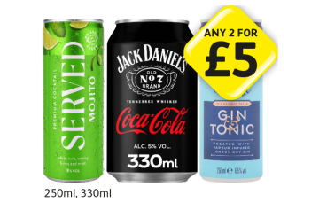 Served Mojito, Jack Daniels Coca Cola, Bombay Sapphire Gin & Tonic - Any 2 for £5 at Londis