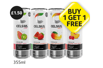 Celsius Sparkling Kiwi Guava, Strawberry Watermelon, Mango Lemonade, Raspberry Peach - Buy 1 Get 1 FREE at Londis
