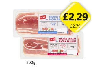 Jack's Smoked Straight Bacon Rashers, Unsmoked - Now Only £2.65 at Londis