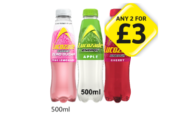 Lucozade Zero Sugar Pink, Apple, Cherry - Any 2 for £3 at Londis