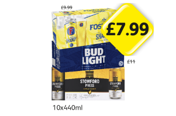 Fosters Shandy, Bud Light, Stowford Press - Now Only £7.99 each at Londis