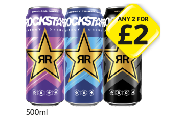 Rockstar Energy Drink Tropical Guava, Blueberry Pomegranate, Original - Any 2 for £2 at Londis