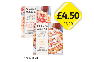 Franco Manca Spicy Salami Fried Onion & Chilli-Infused, Quattro Formaggi - Now Only £4.50 at Londis