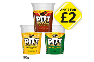 Pot Noodle Beef & Tomato, Original Curry, Chicken & Mushroom - Any 2 for £2 at Londis