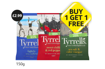 Tyrrells Lightly Salted, Sweet Chilli & Red Pepper, Sea Salt & Cider Vinegar - Buy 1 Get 1 FREE at Londis
