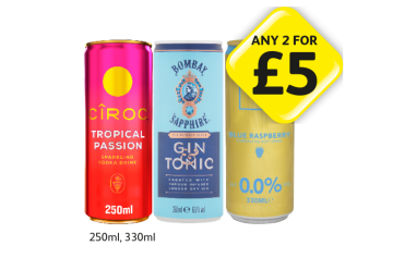 Ciroc Tropical Passion, Bombay Sapphire Gin & Tonic, Au Blue Raspberry 0.0 - Any 2 for £5 at Londis