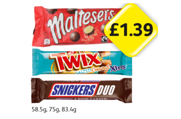 Maltesers, Twix Salted Caramel Xtra, Snickers Duo - Now Only £1.39 at Londis