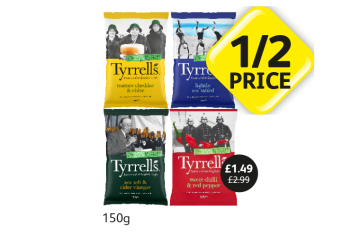 Tyrrells Cheddar & Chive, Lightly Salted, Sea Salt & Vinegar, Sweet Chilli & Red Pepper - Now Only Half Price  at Londis