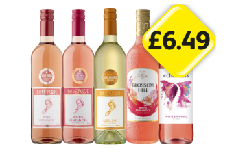 Barefoot Pink Moscato, White Zinfandel, Riesling, Blossom Hill White Zinfandel, Echo Falls White Zinfandel - Now Only £6.49 each at Londis