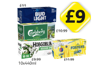 Bud Light, Carlsberg, Hobgoblin, Fosters Shandy - Now Only £9 each at Londis
