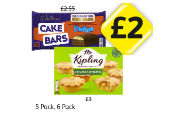 Cadbury Fudge Cake Bars, Mr Kipling Bramley Apple Pies - Now Only £2 each at Londis