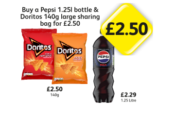 Doritos Chilli Heatwave, Tangy Cheese, Pepsi Max - Buy A Pepsi & Doritos Large Sharing Bag for £2.50 at Londis
