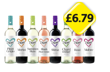 I Heart Wines Pinot Grigio, Merlot, Sauvignon Blanc, Blush Pinot Grigio, Shiraz, Chardonnay, Rosé, Malbec - Now Only £6.79 each at Londis