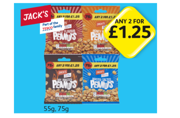 Jack's Peanuts Chilli Flavour, Honey Roasted, Dry Roasted, Roasted & Salted - Any 2 fo £1.25 at Londis