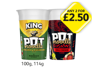 Pot Noodle Chicken & Mushroom, Fusions Chilli Chicken - Any 2 for £2.50 at Londis