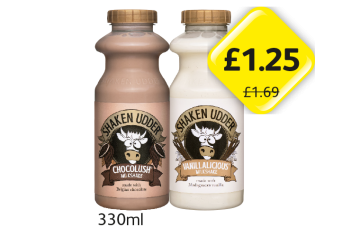 Shaken Udder Milkshakes Chocolush, Vanillalicious - Now Only £1.25 each at Londis