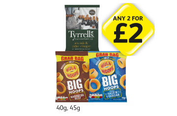 Tyrrells Sea Salt & Cider Vinegar, Hula Hoops Barbecue Beef, Salt & Vinegar - Any 2 for £2 at Londis