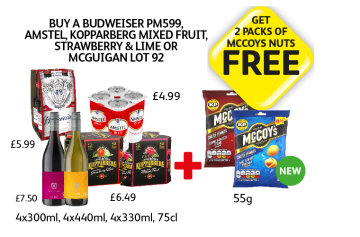 Budweiser, Amstel, McGuigan Shiraz, Chardonnay, Kopparberg Strawberry & Lime, Mixed Fruit, McCoy - Buy A Budweiser, Amstel, Kopparberg Or McGuigan Lot 92, Get 2 Packs of McCoys Nuts FREE at Londis
