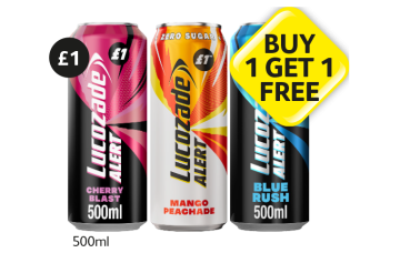 Lucozade Alert Cherry Blast, Mango Peachade, Blue rush - Buy 1 Get 1 FREE at Londis
