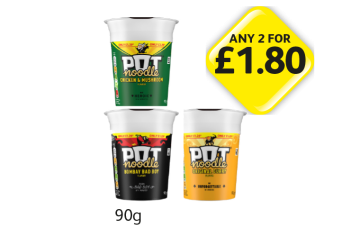 Pot Noodle Chicken & Mushroom, Bombay Bad Boy, Original Curry - Any 2 for £1.80 at Londis