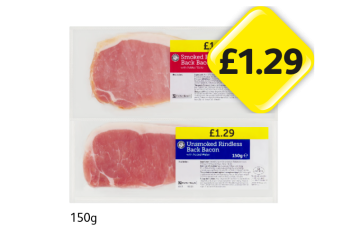 Smoked Rindless Back Bacon, Unsmoked - Now Only £1.29 at Londis