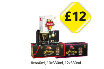 Stella Artois, Guinness, Kopparberg Strawberry & Lime, Mixed Fruit - Now Only £12 at Londis