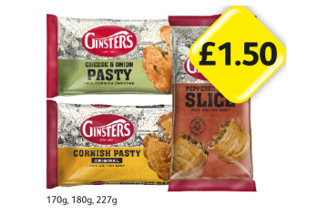 Ginsters Cheese & Onion Pasty, Cornish, Peppered Steak Slice - Now Only £1.50 at Londis